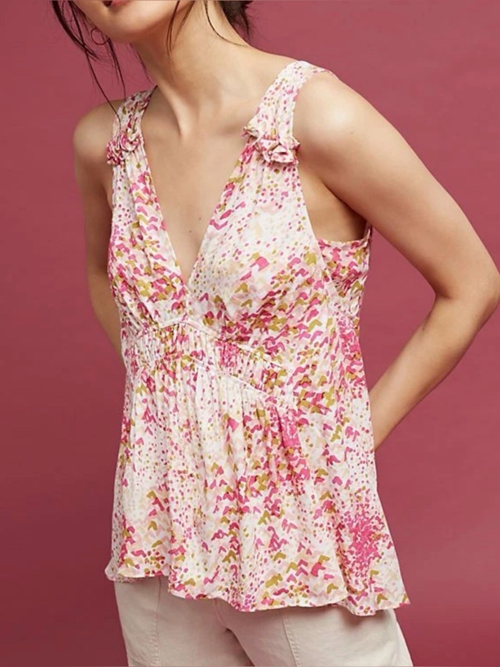 Maeve Anthropologie Woman V-Neck Ruffle Smocked Flowy Sleeveless Top SMALL Boho - Picture 2 of 8
